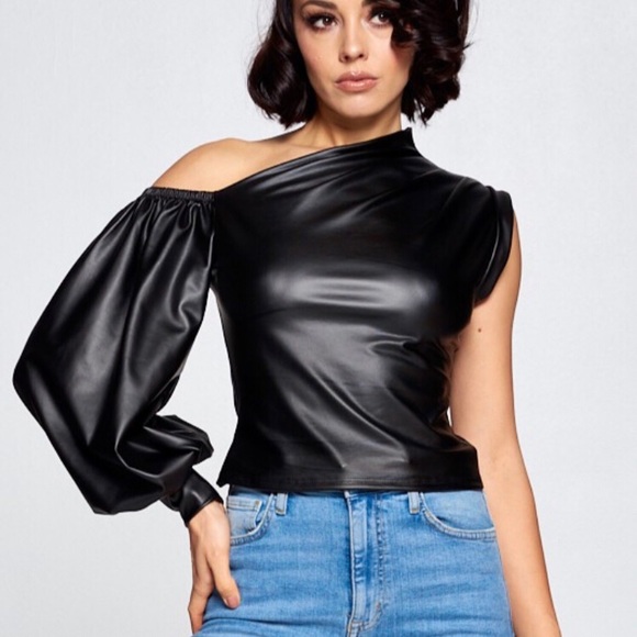 1 left! Black Faux Leather Top-1 Shoulder - Picture 4 of 4